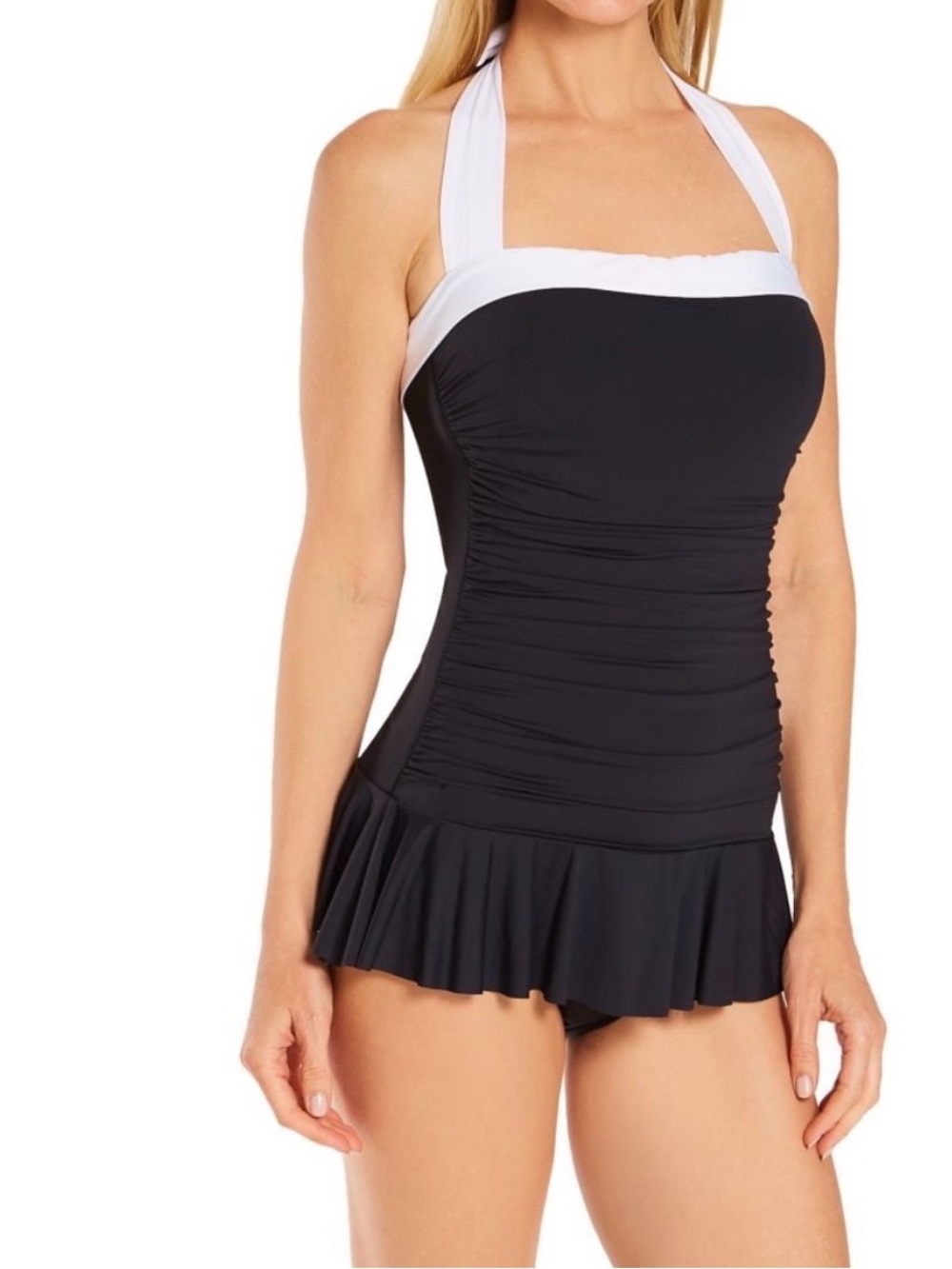 Lauren Ralph Lauren Bel Air Shirred Bandeau Swim Dress Black White Size 8 NWT